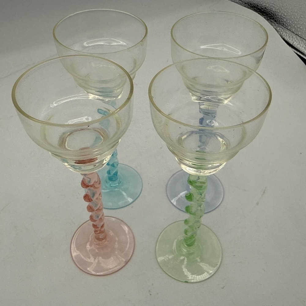 Vintage Harlequin Twisted Stem Cordial Glasses Set of 4 Colorful Spiral Barware